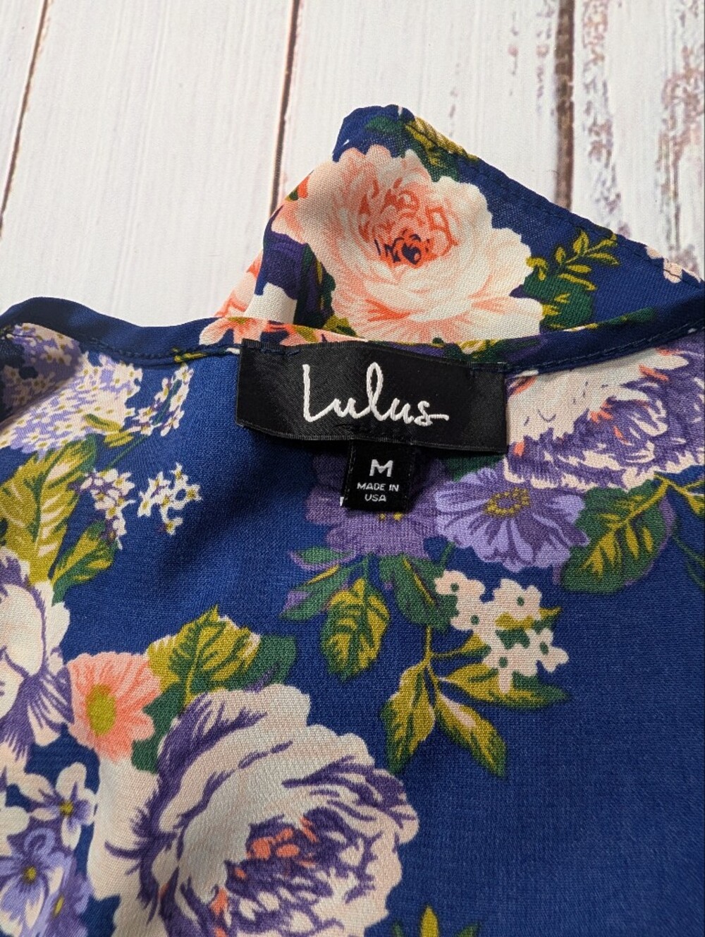Lulus Navy Blue Floral Long Sleeve Faux Wrap Tulip Hem Mini Dress M - Picture 9 of 12